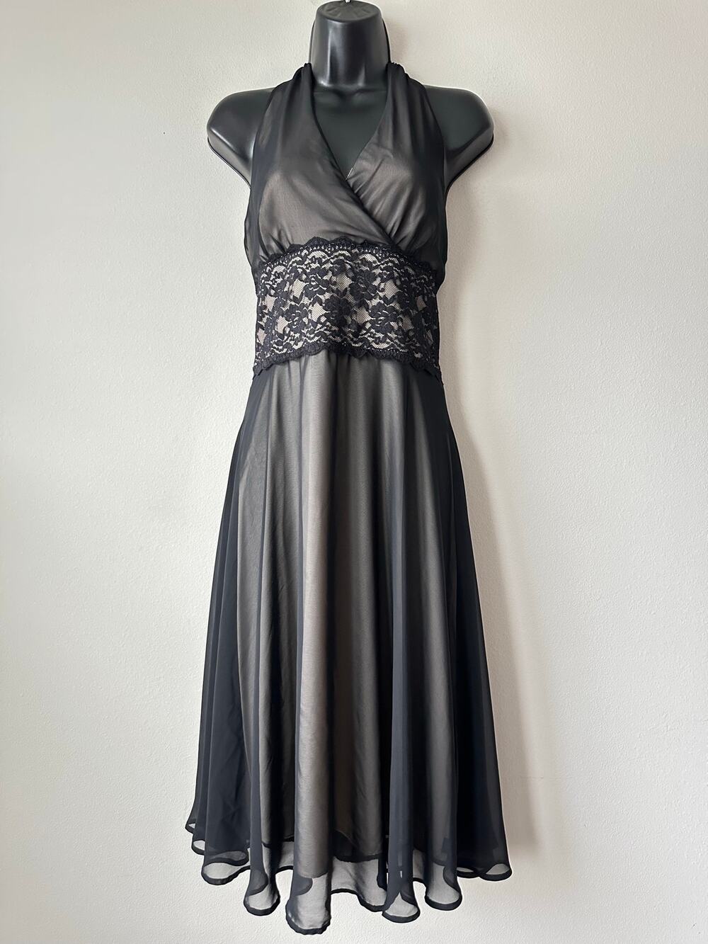 Y2K Black Halter Dress Lace Waist Sheer Overlay Dark Romantic Whimsigoth 12